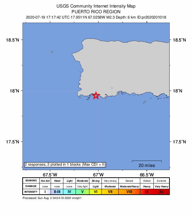 USGS DYFI community-reported intensity map for the M2.3 earthquake near 3 km SE of La Parguera, Puerto Rico