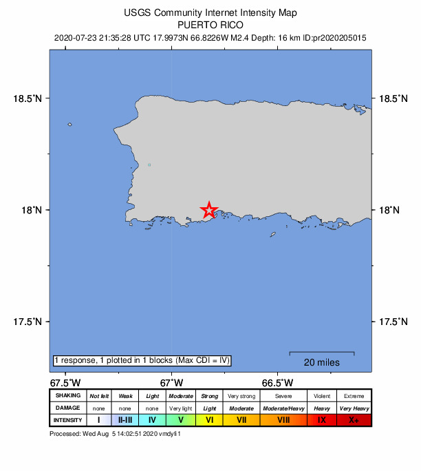USGS DYFI community-reported intensity map for the M2.4 earthquake near 0 km NW of Indios, Puerto Rico