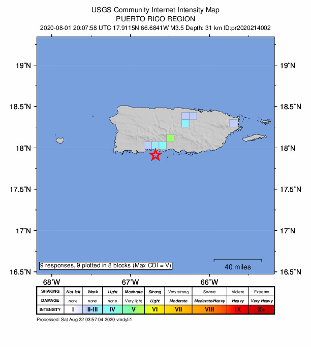 USGS DYFI community-reported intensity map for the M3.5 earthquake near 9 km SSE of Tallaboa, Puerto Rico