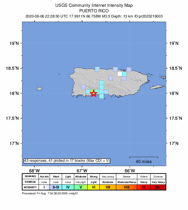 USGS DYFI community-reported intensity map for the M3.5 earthquake near 3 km SSE of Magas Arriba, Puerto Rico