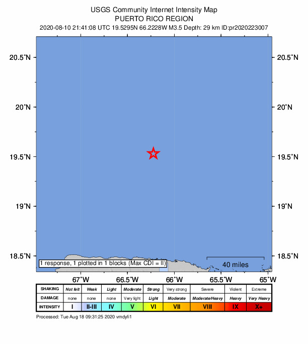 USGS DYFI community-reported intensity map for the M3.5 earthquake near 118 km N of Brenas, Puerto Rico