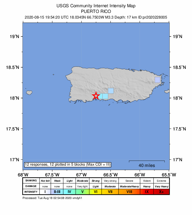 USGS DYFI community-reported intensity map for the M3.3 earthquake near 2 km NE of Magas Arriba, Puerto Rico