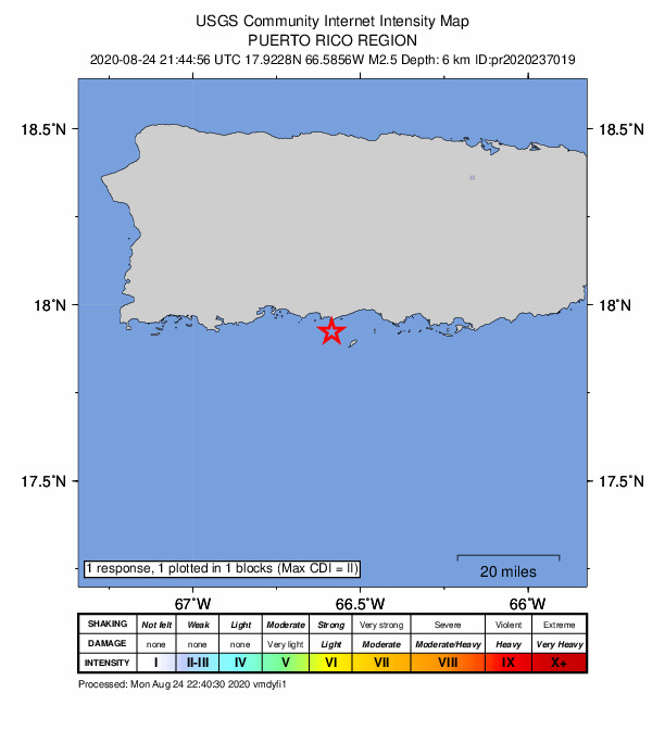 USGS DYFI community-reported intensity map for the M2.5 earthquake near 10 km SSE of Ponce, Puerto Rico