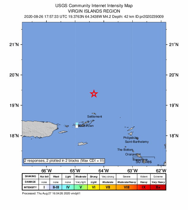 USGS DYFI community-reported intensity map for the M4.2 earthquake near 125 km NNE of Cruz Bay, U.S. Virgin Islands