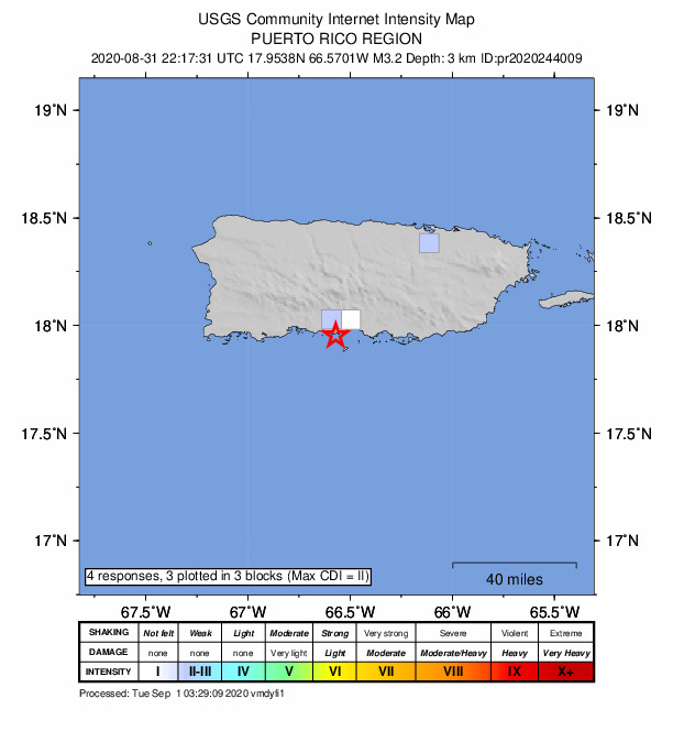 USGS DYFI community-reported intensity map for the M3.2 earthquake near 7 km SSW of Capitanejo, Puerto Rico