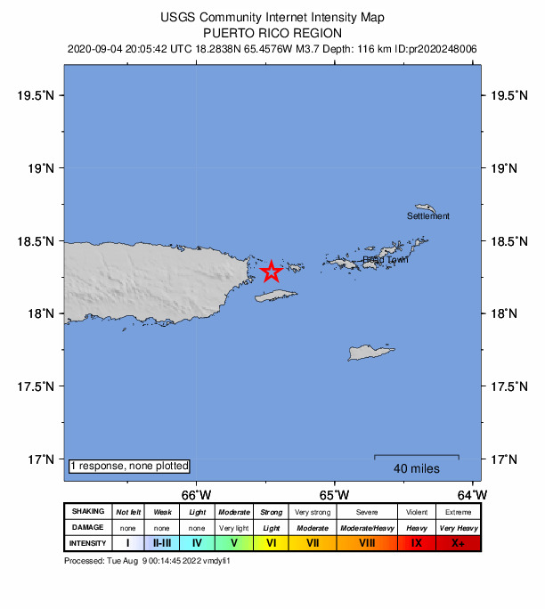 USGS DYFI community-reported intensity map for the M3.7 earthquake near 14 km N of Isabel Segunda, Puerto Rico