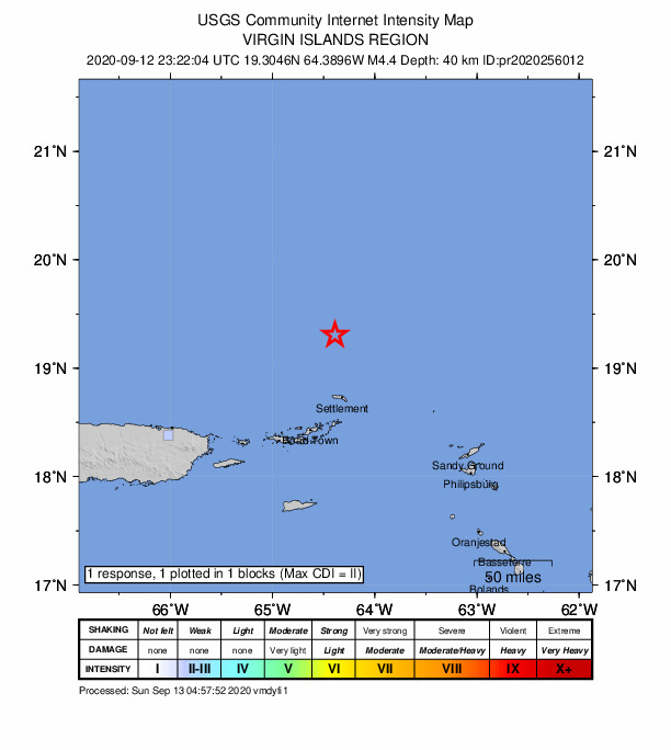 USGS DYFI community-reported intensity map for the M4.4 earthquake near Virgin Islands