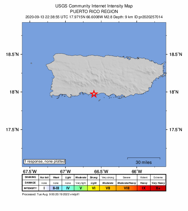 USGS DYFI community-reported intensity map for the M2.8 earthquake near Puerto Rico region