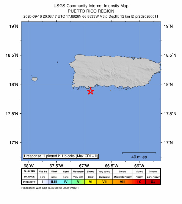 USGS DYFI community-reported intensity map for the M3.0 earthquake near 10 km SSE of Guánica, Puerto Rico