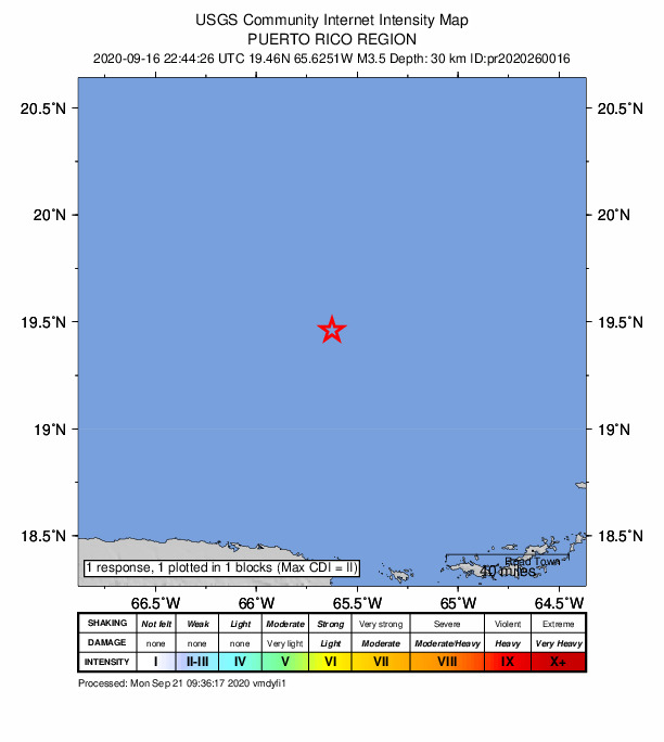 USGS DYFI community-reported intensity map for the M3.5 earthquake near 116 km NNE of Suárez, Puerto Rico