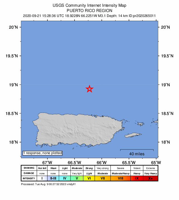 USGS DYFI community-reported intensity map for the M3.1 earthquake near 51 km N of Dorado, Puerto Rico