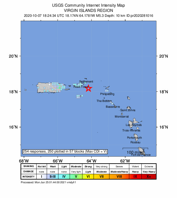 USGS DYFI community-reported intensity map for the M5.3 earthquake near 67 km ESE of Cruz Bay, U.S. Virgin Islands