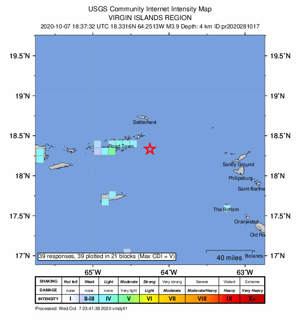 USGS DYFI community-reported intensity map for the M3.9 earthquake near 57 km E of Cruz Bay, U.S. Virgin Islands
