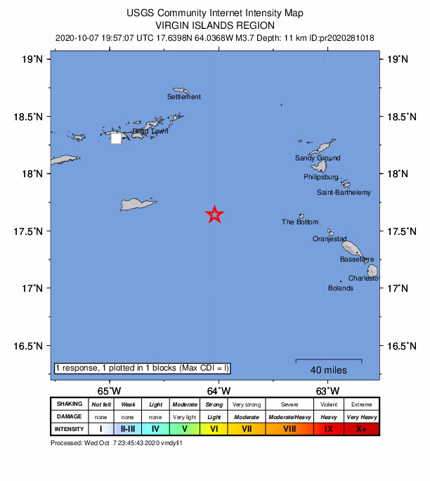 USGS DYFI community-reported intensity map for the M3.7 earthquake near 75 km E of Saint Croix, U.S. Virgin Islands