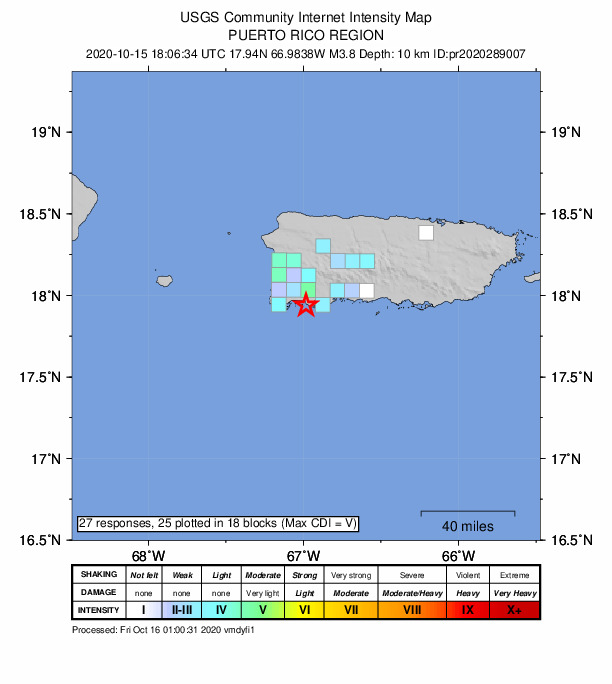 USGS DYFI community-reported intensity map for the M3.8 earthquake near 7 km ESE of La Parguera, Puerto Rico