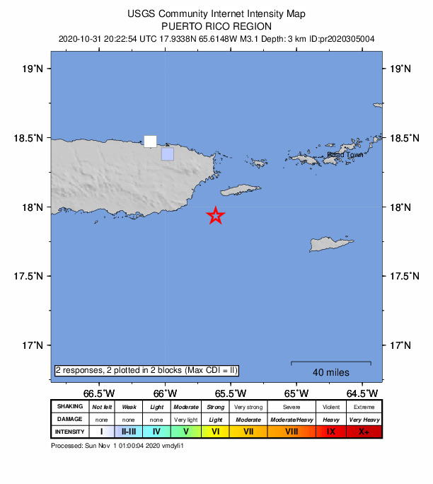 USGS DYFI community-reported intensity map for the M3.1 earthquake near 23 km SW of Esperanza, Puerto Rico