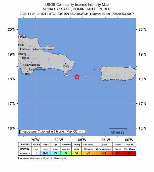 USGS DYFI community-reported intensity map for the M4.4 earthquake near 51 km SE of Boca de Yuma, Dominican Republic