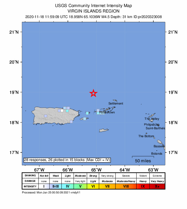 USGS DYFI community-reported intensity map for the M4.5 earthquake near 71 km NNW of Charlotte Amalie, U.S. Virgin Islands