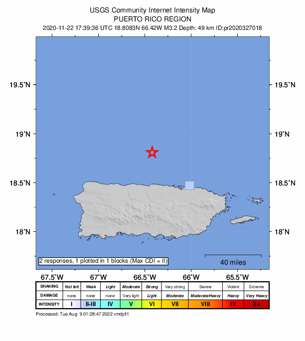 USGS DYFI community-reported intensity map for the M3.2 earthquake near 38 km NNW of Brenas, Puerto Rico