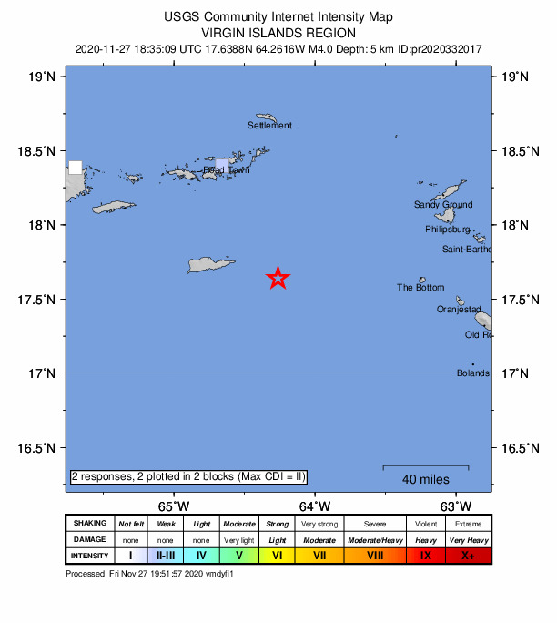 USGS DYFI community-reported intensity map for the M4.0 earthquake near 52 km E of Saint Croix, U.S. Virgin Islands