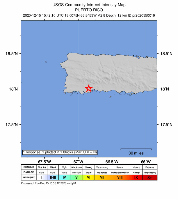 USGS DYFI community-reported intensity map for the M2.8 earthquake near 3 km ESE of Palomas, Puerto Rico