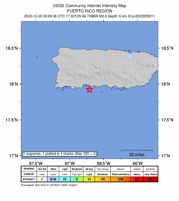 USGS DYFI community-reported intensity map for the M2.6 earthquake near 8 km S of Tallaboa, Puerto Rico