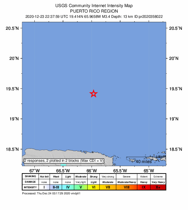 USGS DYFI community-reported intensity map for the M3.4 earthquake near 105 km N of San Juan, Puerto Rico