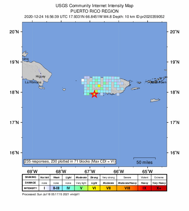 USGS DYFI community-reported intensity map for the M4.8 earthquake near 6 km SE of Maria Antonia, Puerto Rico