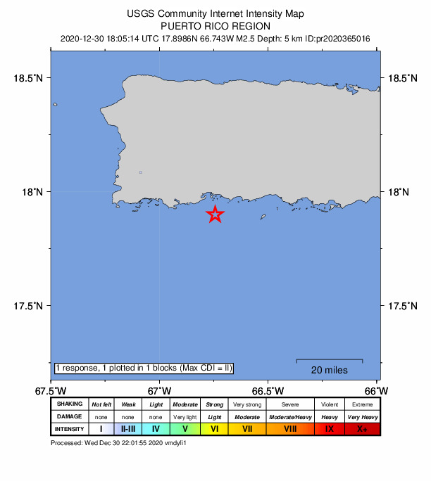 USGS DYFI community-reported intensity map for the M2.5 earthquake near 11 km SSW of Tallaboa, Puerto Rico