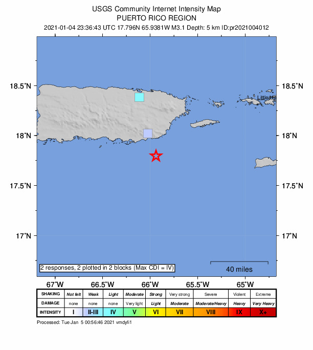 USGS DYFI community-reported intensity map for the M3.1 earthquake near 21 km SSE of Lamboglia, Puerto Rico
