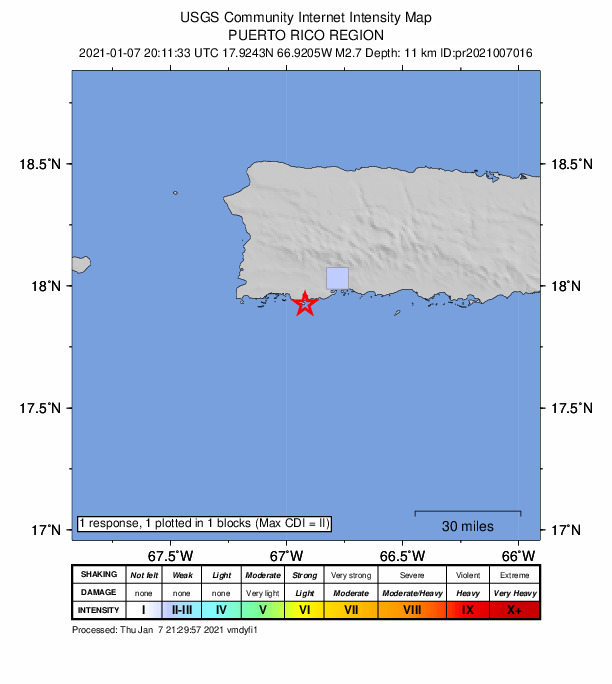 USGS DYFI community-reported intensity map for the M2.7 earthquake near 5 km SSW of Guánica, Puerto Rico