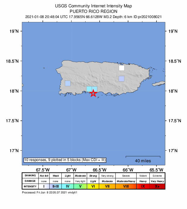 USGS DYFI community-reported intensity map for the M3.2 earthquake near 6 km S of Ponce, Puerto Rico