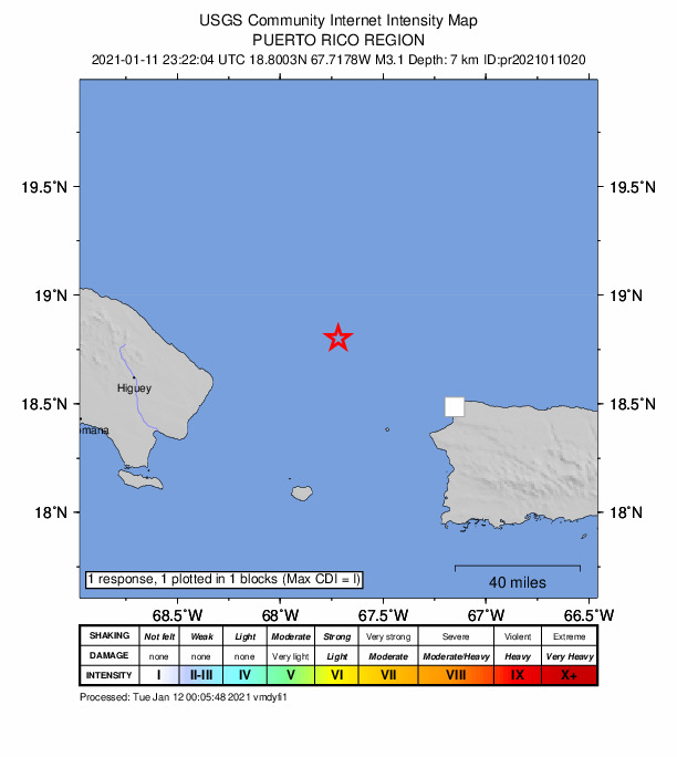 USGS DYFI community-reported intensity map for the M3.1 earthquake near 70 km NW of Rincón, Puerto Rico