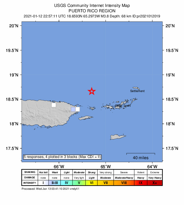 USGS DYFI community-reported intensity map for the M3.8 earthquake near 39 km N of Culebra, Puerto Rico