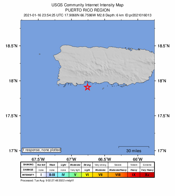 USGS DYFI community-reported intensity map for the M2.8 earthquake near 10 km SSW of Tallaboa, Puerto Rico