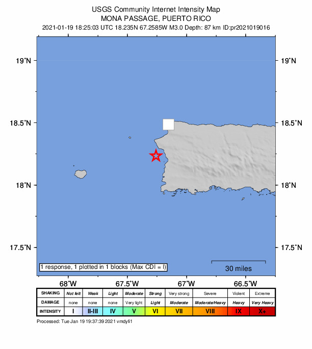 USGS DYFI community-reported intensity map for the M3.0 earthquake near 9 km SW of La Playa, Puerto Rico