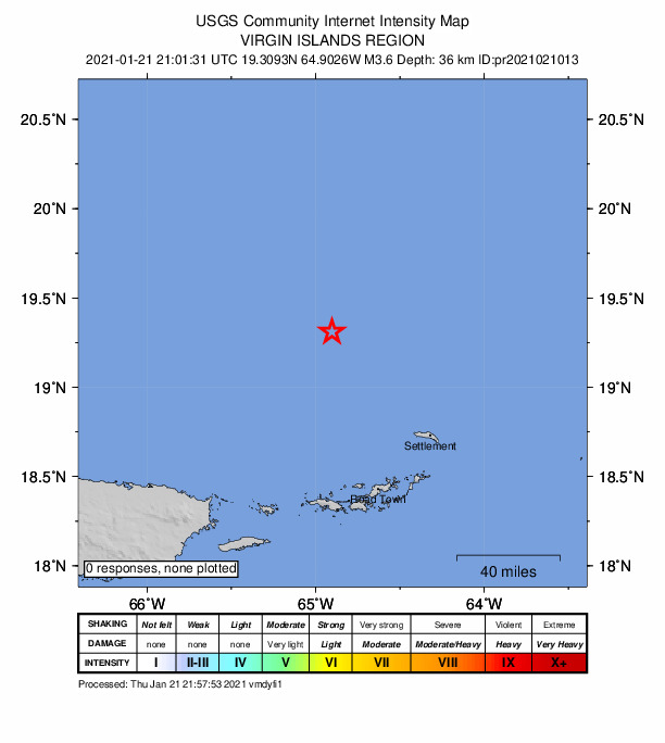 USGS DYFI community-reported intensity map for the M3.6 earthquake near 107 km N of Charlotte Amalie, U.S. Virgin Islands