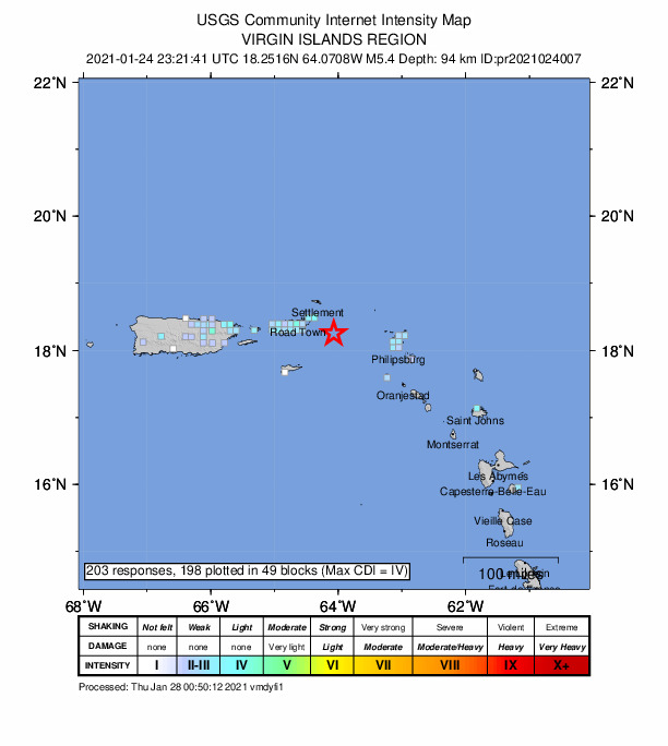 USGS DYFI community-reported intensity map for the M5.4 earthquake near 76 km E of Cruz Bay, U.S. Virgin Islands