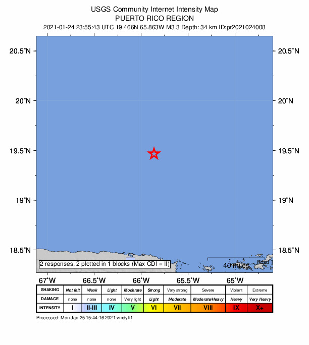 USGS DYFI community-reported intensity map for the M3.3 earthquake near 113 km NNE of San Juan, Puerto Rico