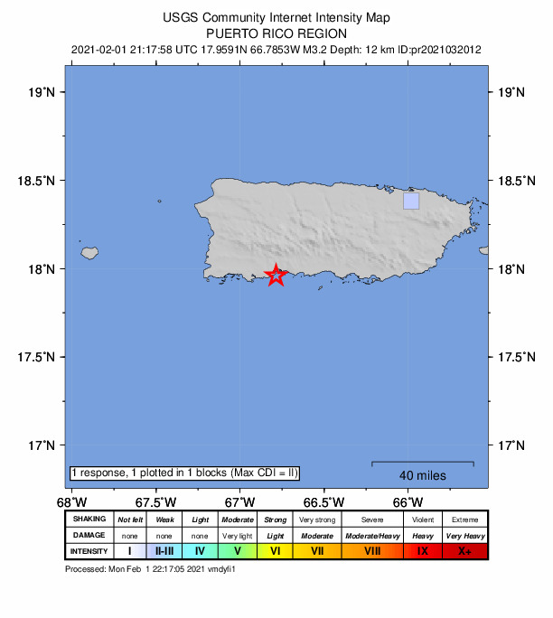 USGS DYFI community-reported intensity map for the M3.2 earthquake near 5 km SE of Indios, Puerto Rico