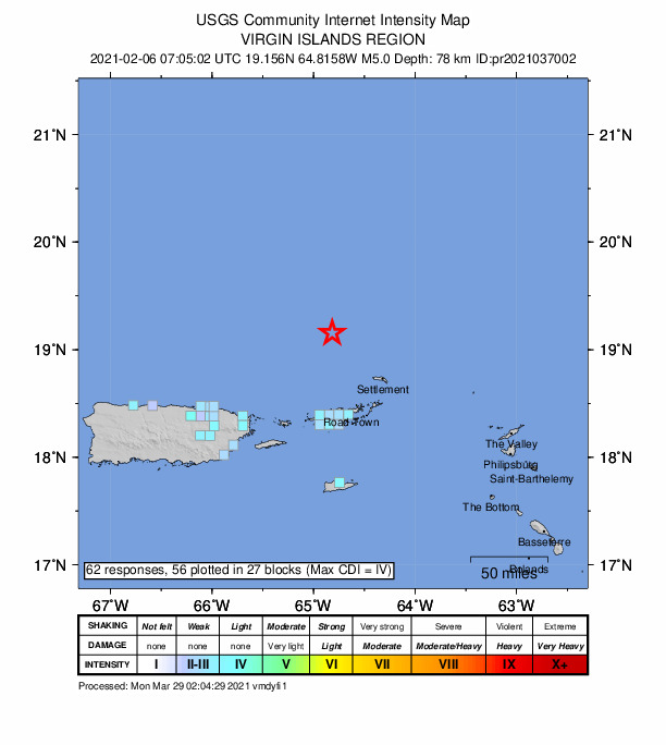 USGS DYFI community-reported intensity map for the M5.0 earthquake near 90 km N of Charlotte Amalie, U.S. Virgin Islands