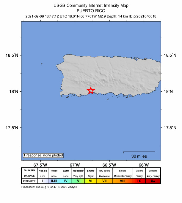 USGS DYFI community-reported intensity map for the M2.9 earthquake near 0 km S of Magas Arriba, Puerto Rico