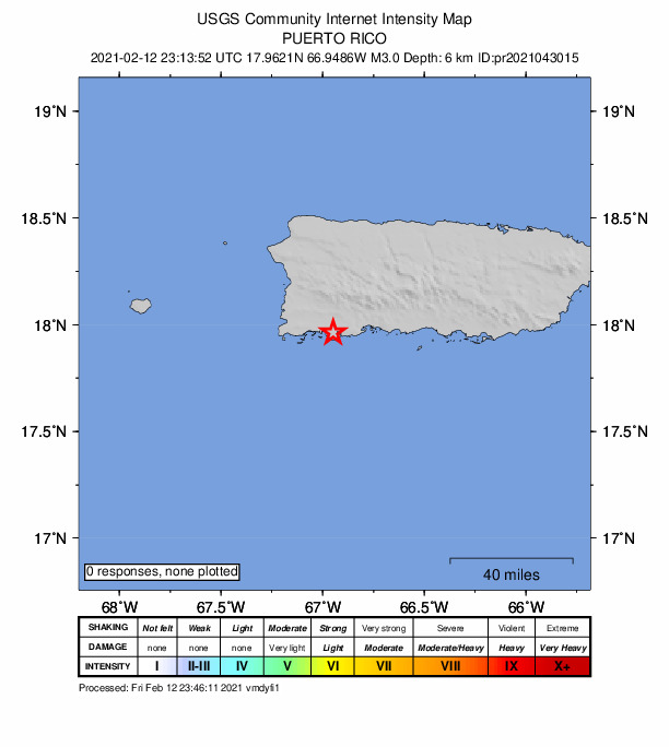 USGS DYFI community-reported intensity map for the M3.0 earthquake near 4 km WSW of Guánica, Puerto Rico