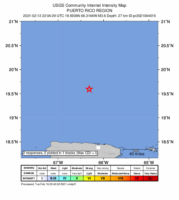 USGS DYFI community-reported intensity map for the M3.6 earthquake near 124 km N of Brenas, Puerto Rico