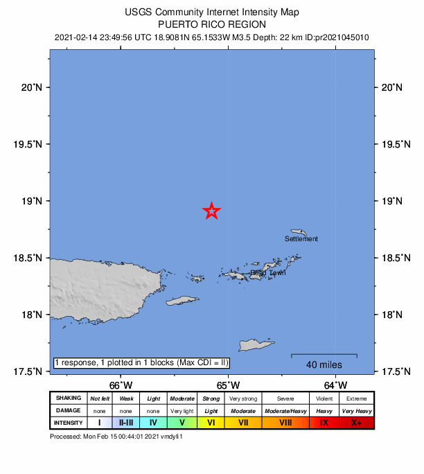 USGS DYFI community-reported intensity map for the M3.5 earthquake near 66 km NNW of Charlotte Amalie, U.S. Virgin Islands