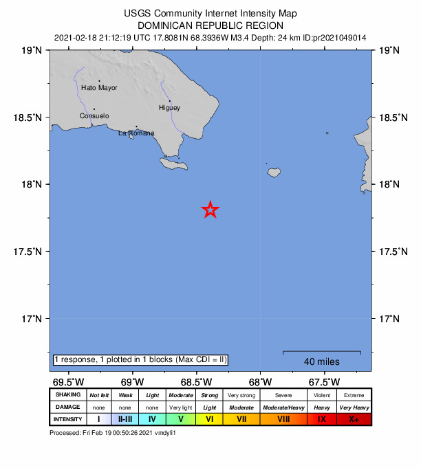 USGS DYFI community-reported intensity map for the M3.4 earthquake near 67 km SSE of Boca de Yuma, Dominican Republic