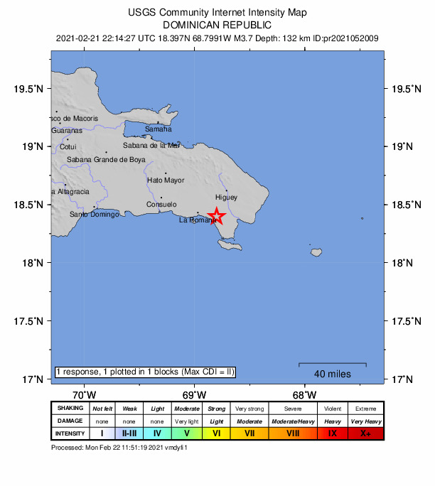 USGS DYFI community-reported intensity map for the M3.7 earthquake near 13 km WSW of San Rafael del Yuma, Dominican Republic