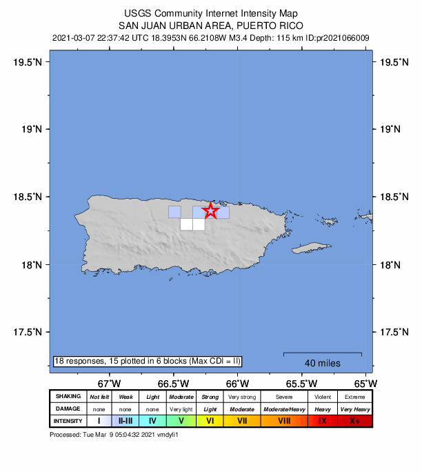 USGS DYFI community-reported intensity map for the M3.4 earthquake near 0 km NE of Mucarabones, Puerto Rico
