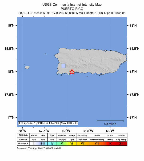 USGS DYFI community-reported intensity map for the M3.1 earthquake near 2 km SSE of Palomas, Puerto Rico
