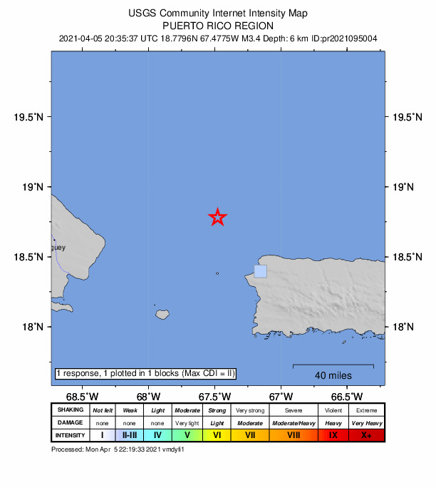 USGS DYFI community-reported intensity map for the M3.4 earthquake near 51 km NW of San Antonio, Puerto Rico